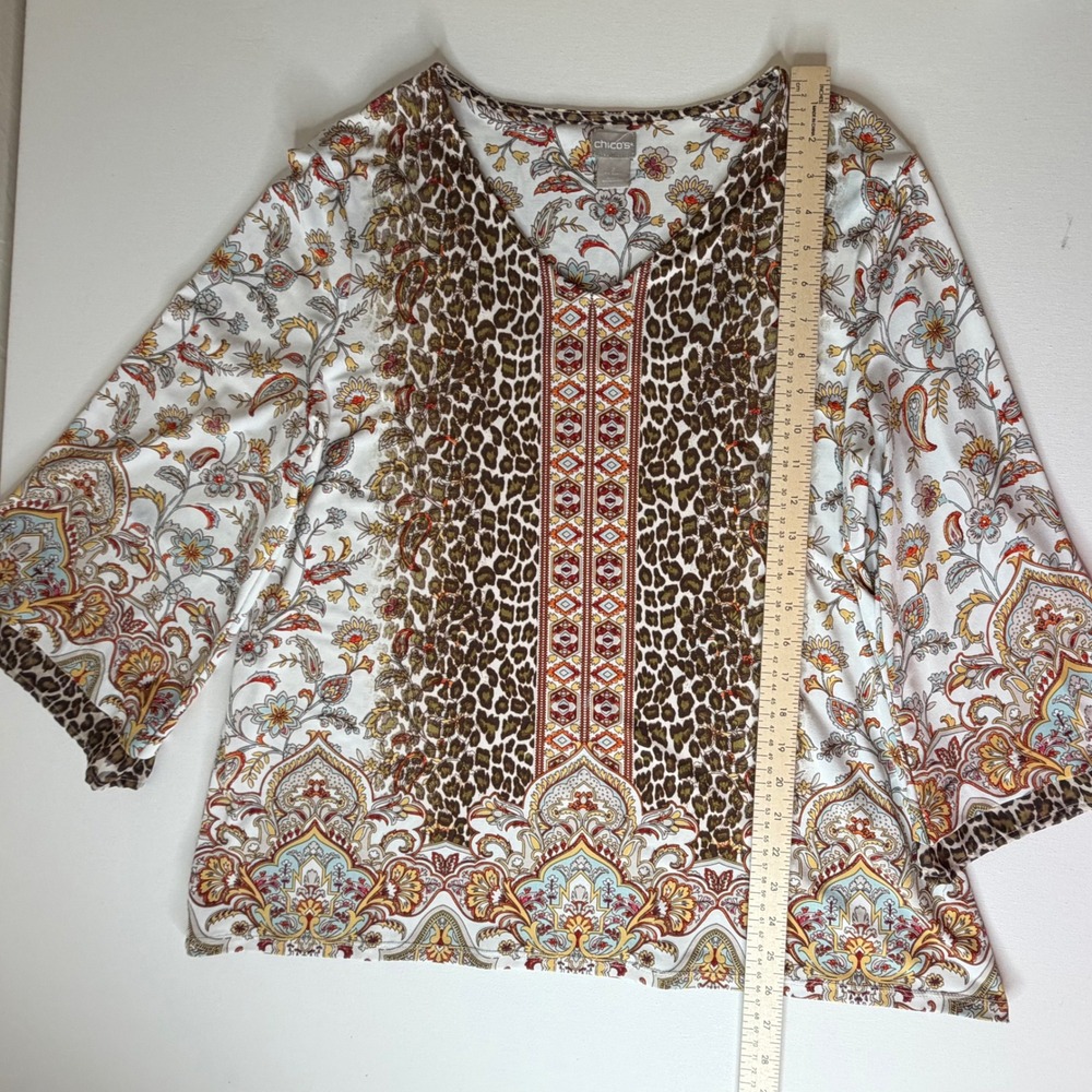 Chicos Mixed Print Blouse Size 2 Large Leopard Floral Paisley Stretch Boho Comfy - Picture 7 of 8